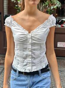 Women's Button Down Tops Fashion Cap Sleeve Solid Color Slim Fit Frill T-Shirts Summer Blouses - Ngà voi - Xem 1