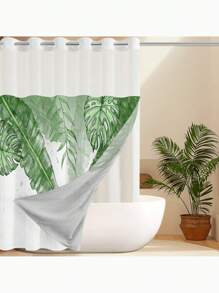 1pc Unhooked Nordic Green Leaf Pattern Shower Curtain, Shower Curtain With Snap-In Fabric Lining, Transparent Ceiling Window, Floral Waterproof Double Tub Curtain , Bathroom Accessories