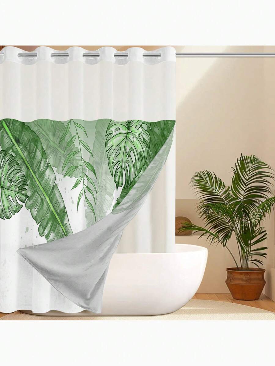 1pc Unhooked Nordic Green Leaf Pattern Shower Curtain, Shower Curtain With Snap-In Fabric Lining, Transparent Ceiling Window, Floral Waterproof Double Tub Curtain , Bathroom Accessories