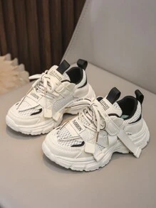 1 双中性儿童运动鞋，春秋透气软底时尚运动鞋（厚底鞋款式） - 黑與白 - 查看 1