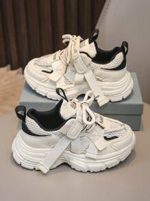 1 双中性儿童运动鞋，春秋透气软底时尚运动鞋（厚底鞋款式） - 黑與白 - 查看 4