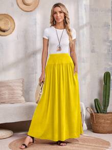 Falda informal de verano con volantes multicapa en el bajo, adecuada para vacaciones - Amarillo - Ver 5