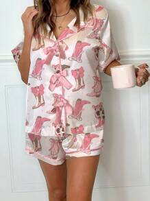 Women Cute Two Piece Pajama Set Y2K Goblet/Western Cowboy Boots/Bow Printed Short Sleeve Bow Tie Front Button Shirts Wide Leg Shorts Pjs Set Preppy Matching Lounge Sets Aesthetic Summer Casual Loungewear Martini Sleepwear Outfit - 藕粉色 - 查看 4