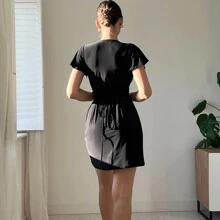 Women's Mini A-Line Dress, Summer Short Sleeve Deep V Neck Tie Back High Waist Dress