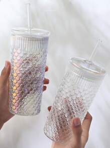 KEMORELA 2 PIEZAS, Botella de Agua de Vidrio Borosilicato de 24 Oz con Tapa y Pajita, Taza con Textura de Escamas de Pescado para Café con Hielo, Batidos, Agua - Reutilizable, Resistente al Calor, Juego Único de Vidrio para Bebidas Calientes/Frías, Perfecto para Todo Tipo de Fiestas - transparente - Ver 4