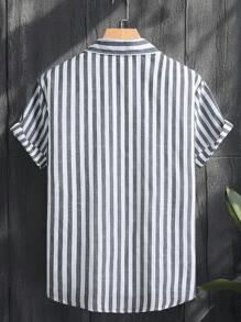Men's Striped Short Sleeve Casual Shirt, Spring/Summer - Black and White - View 7