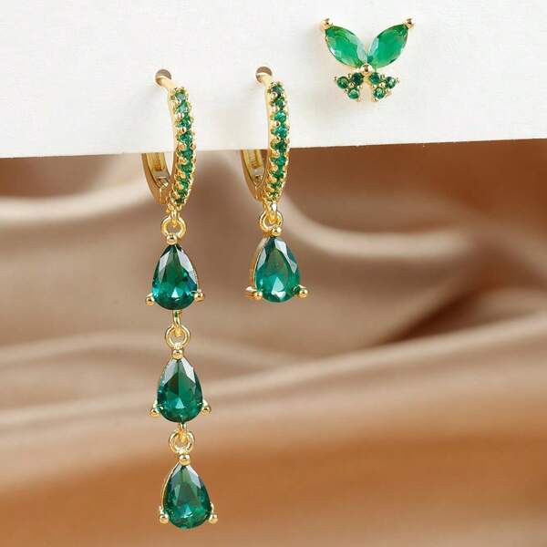 Conjunto de 3 peças de brincos de argola de zircônia multicolorida para mulheres, aço inoxidável, pingente fofo, borboleta, orelha, piercing, joia, presente