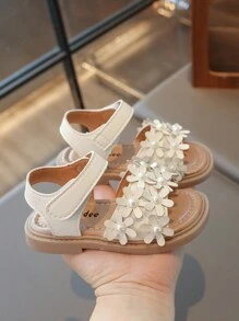 1 para dziewczęcych sandałów PU Pearl Hook & Loop Strap Flat Cute, odpowiednich na lato