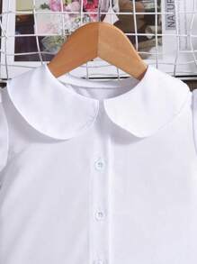 Camicia bianca con maniche a sbuffo e bottoni, stile universitario, adatta per ragazza, primavera/estate