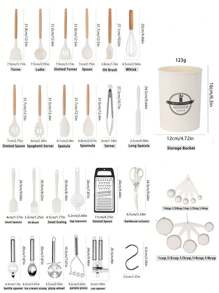 Bộ dụng cụ nhà bếp cao cấp 44 món bằng silicon với cán gỗ và dao - Chịu nhiệt, chống dính, dùng để nấu nướng và dọn dẹp. - Màu Khaki - Xem 3