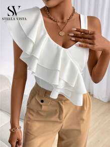 SV  Blusa feminina elegante de um ombro só, com detalhe de babado no ombro.   - Ideal para natal - branco - Visão 4