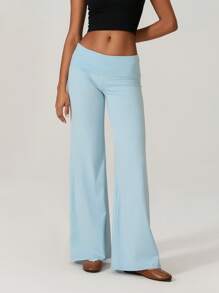 Women Elastic Wide Leg Pants Casual Cute Striped Print Folded Waist Trousers For Work Office Streetwear