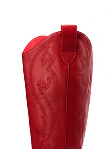 Cowboy Boots For Women, Comfortable Pull On Zipper Chunky Heel Pointed Toe Embroidered Western Cowgirl  Knee High Boots Christmas Fall - Red - View 8
