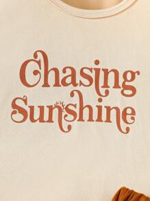 2pcs/Set Girls Spring/Summer Fashion Vintage Casual Round Neck Apricot Short Cap Sleeve Top With Front Brown Letter Print Design, Matching Brown Deer Velvet Elastic Waist Fringe Hem Loose Shorts