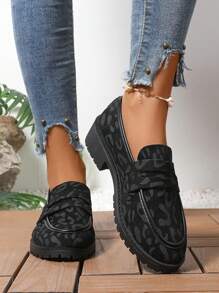 Women's Fashion Black Printed Non-Slip Thick Heel Loafers, Slip-On Comfortable Women Casual Sports Shoes - Black - View 4