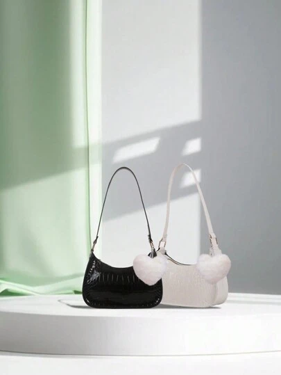 1 件女式迷你纯色百搭鳄鱼纹 PU 拉链封闭式单肩腋下包，早春单肩包，适合女友日常使用