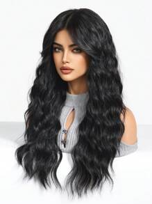24-Inch Long Black Wavy Wigs For Women Black Curly Wigs With Air Bangs Water Wave Wig Synthetic Heat Resistant Fiber Wig For Daily Party Use - Black - View 5
