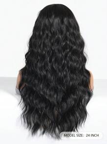24-Inch Long Black Wavy Wigs For Women Black Curly Wigs With Air Bangs Water Wave Wig Synthetic Heat Resistant Fiber Wig For Daily Party Use - Black - View 7