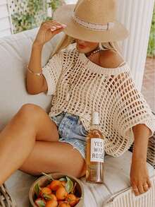 Women's Summer Mesh Knit Ribbed Crew Neck Short Sleeve Sweater T-Shirt Vacation Beach - Apricot - View 8