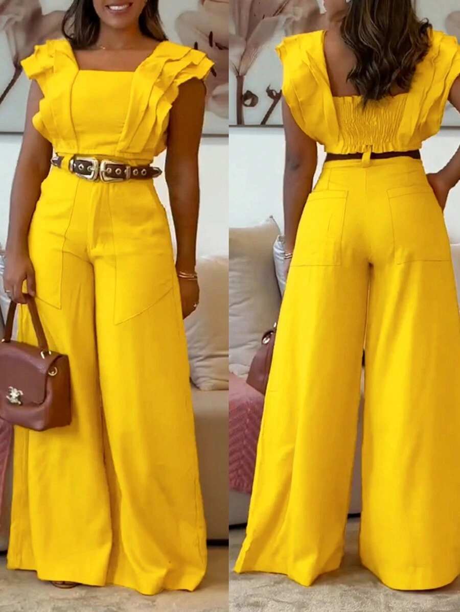 2 Piece Sqaure Neck Flutter Sleeve Shirred Top High Waist Wide Leg Pants Elegant Pants Set