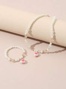 2pcs Set Sweet Faux Pearl Heart Duck Pendant Necklace & Bracelet Jewelry Set, Gift For Girls