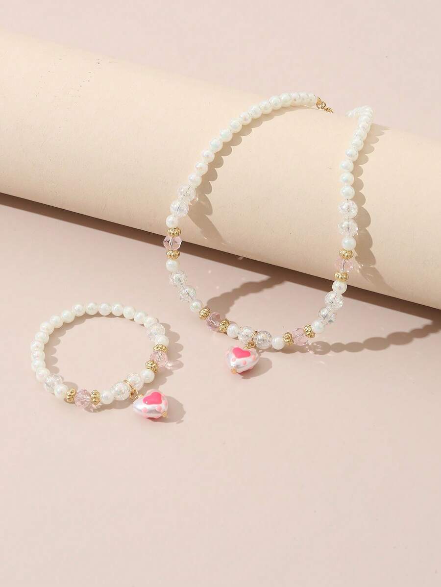 2pcs Set Sweet Faux Pearl Heart Duck Pendant Necklace & Bracelet Jewelry Set, Gift For Girls