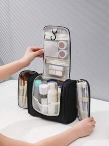 1PC Fashionable Simple Hook Toiletry Bag Travel Portable Storage Bag Big Ear Hanging Double Open Cosmetic Bag Thickened Large Capacity Waterproof Toiletry Bag Triple Zipper Travel Home Cosmetic Bag Travel Goods Finishing Bag Lipstick Skin Care Products Cosmetics Toiletries Storage Bag Multi-Functional Makeup Tool To Store The Beauty Bag - Black - View 2