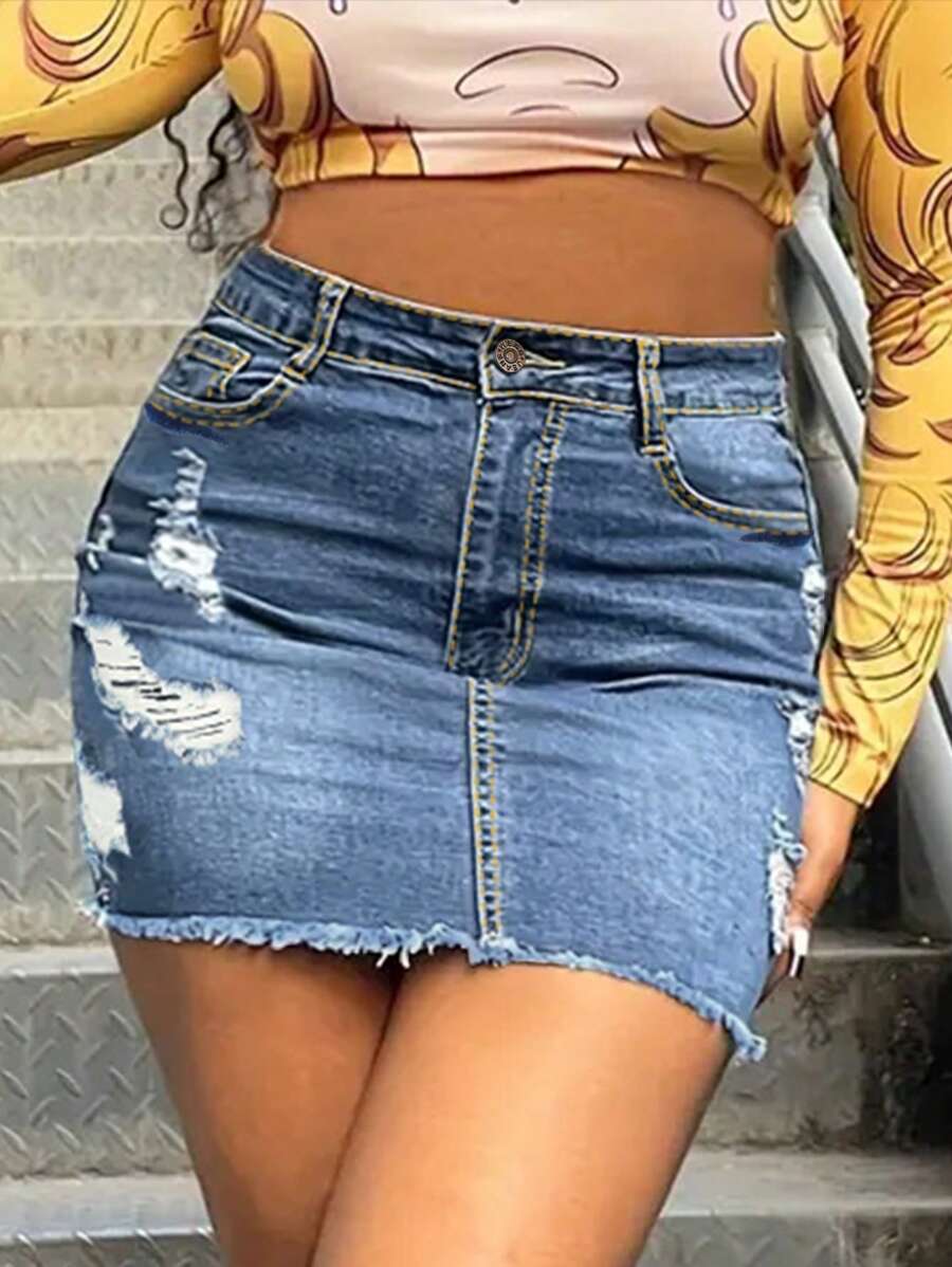Women Stretch Casual High Waisted Denim Short Skirt Cute A Line Mini Pencil Skrit - Rửa nhẹ - Xem 1
