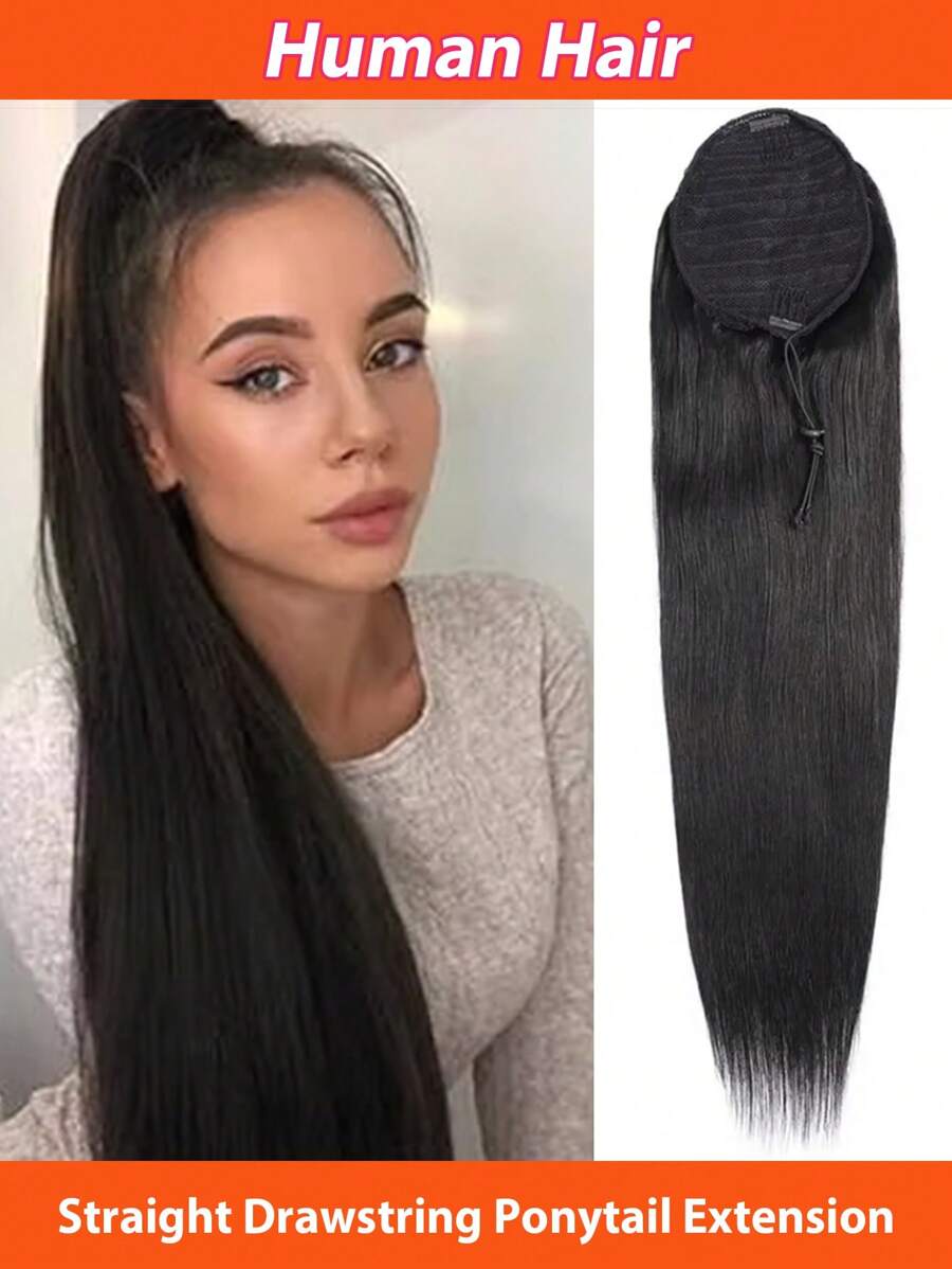 Ponytail Human Hair Extensions With Clip Natural Color Straight Human Hair Drawstring Ponytail For Women 1 Piece
