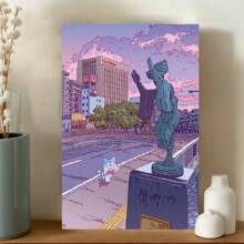 Framed Cat And Statue Canvas Painting,  Whimsical Wall Art,  Cityscape,  Purple Aesthetic,  Living Room DecorRoom, Living Room, Kitchen, A Festive Touch For Valentine's And New Yea Decor - Framed - View 2