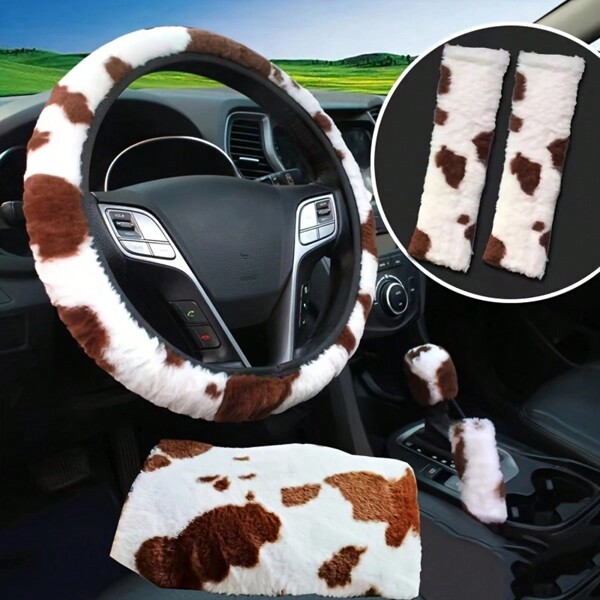 6 stuks winter nieuwe auto stuurhoes bruin koeienprint pluche armsteun box pad, handschoenen, schouderbeschermingshoes, elastische band stuurhoesset zonder binnenring