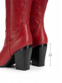 Cowboy Boots For Women, Comfortable Pull On Zipper Chunky Heel Pointed Toe Embroidered Western Cowgirl  Knee High Boots Christmas Fall - Red - View 6