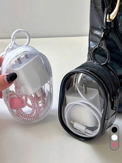 1pc Portable Mini White Transparent Zipper Storage Bag, Compact Multifunctional Storage Bag, Headphone Case With Keychain, Transparent Travel Accessories, Travel Essentials((Black+White+Pink)