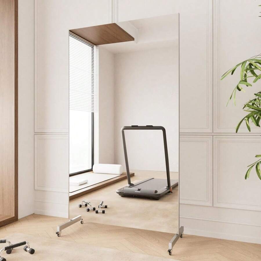 Home Gym Mirror 360° Swivel On Wheels, 79" X 47" Extra Large Full Body Rolling Mirror For Yoga, Nano Film Super Lightweight Unbreakable Full Length Mirror, White - 黑色 - 查看 1