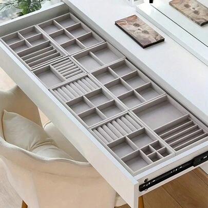 1/5件装灰色天鹅绒首饰展示托盘，可堆叠首饰收纳托盘，首饰整理托盘，抽屉式首饰展示柜，适用于耳环、项链、手镯、戒指等多种尺寸首饰，可作首饰盒、收纳袋、化妆刷架、化妆刷收纳架、香水收纳袋，女士礼物，圣诞礼物，女士送礼佳品，房间装饰