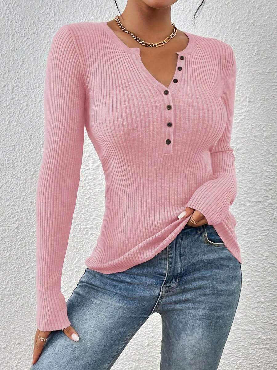 Women'S Elegant Red Knit Sweater With V-Neck And Button Detail - Long Sleeve, Fall/Winter Fashion, Viscose Material, Stylish Button-Up Top | Vneck Sweater | Viscose Knit, Sweater Top - 粉色 - 查看 1