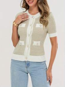 Women's Summer Knit Tops Contrast Color Pearl Button Short Sleeve Round Neck Sweater Cardigans - Khaki - View 3