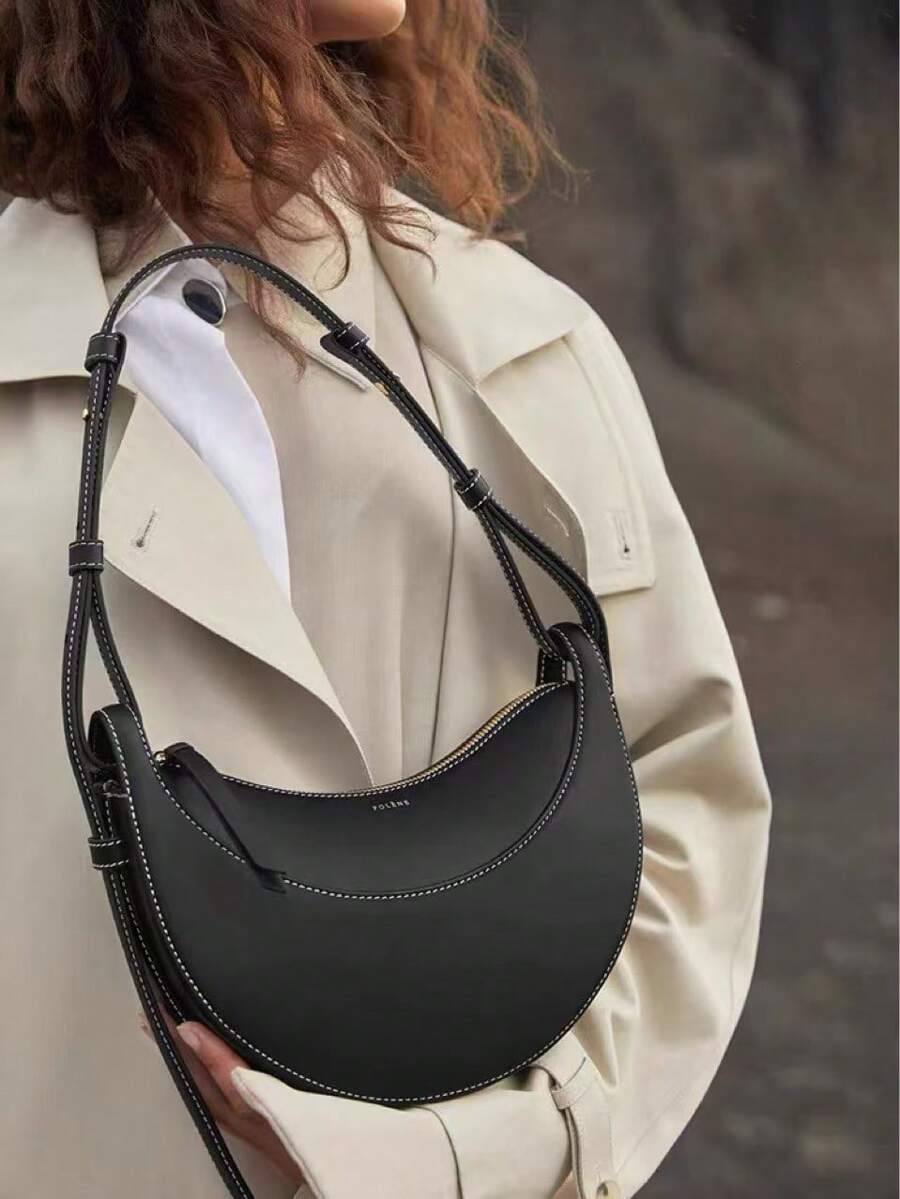 Niche Design Poleno Crescent Bag New Genuine Leather High-End Underarm Bag Single Shoulder Crossbody Saddle Bag Ladies Crescent Bag, PU Leather Crescent Bag, Single Shoulder Crossbody Bag Wallet Handbag Casual Dumpling Bag - màu đen - Xem 1