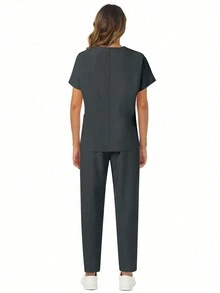2pcs/Set V-Neck Pocket Short Sleeve Tops And Pants Casual Scrub Uniform Set - Grey - View 3