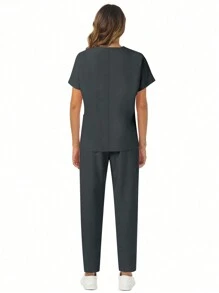 Set de 2 piezas con parte superior de manga corta con bolsillo y cuello en V, y pantalones, uniforme casual de scrubs