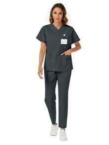2pcs/Set V-Neck Pocket Short Sleeve Tops And Pants Casual Scrub Uniform Set - Grey - View 4