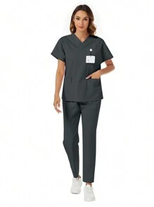 Set de 2 piezas con parte superior de manga corta con bolsillo y cuello en V, y pantalones, uniforme casual de scrubs