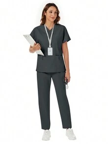 2pcs/Set V-Neck Pocket Short Sleeve Tops And Pants Casual Scrub Uniform Set - Grey - View 5