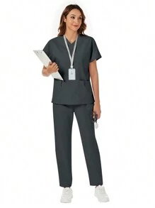 Set de 2 piezas con parte superior de manga corta con bolsillo y cuello en V, y pantalones, uniforme casual de scrubs