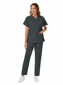 Set de 2 piezas con parte superior de manga corta con bolsillo y cuello en V, y pantalones, uniforme casual de scrubs