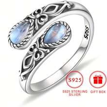 S925 Sterling Silver Moonstone Spoon Ring, Hypoallergenic Nickel-Free, Victorian Vintage Style, Adjustable Butterfly Thumb Jewelry, Bohemian Holiday Theme, Synthetic Stone,, Gift Box Included, Women'S Fashion Accessory For Daily Wear