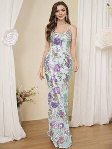 Rochie elegantă, mulată, cu paiete, cu decolteu în V, bretele spaghete, bust cu burete, potrivită pentru evenimente formale, nunți, cocktailuri, rochie de petrecere, rochie de invitată la nuntă, rochie de seară, rochie de seară - Menta verde - Vizualizare 5