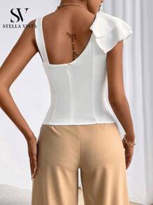 SV  Blusa feminina elegante de um ombro só, com detalhe de babado no ombro.   - Ideal para natal - branco - Visão 6
