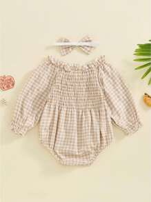 Infant Baby Girls Romper Ruffle Sleeve Pleated Smocked Bubble Plaid One Piece Ruched Jumpsuit Spring Fall Bodysuit - 卡其色 - 查看 2