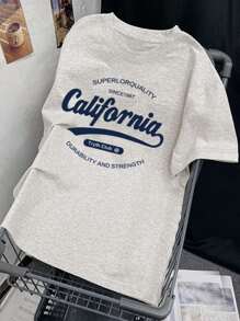 Women's Casual Loose Letter Print Short Sleeve T-Shirt, Light Grey, Summer